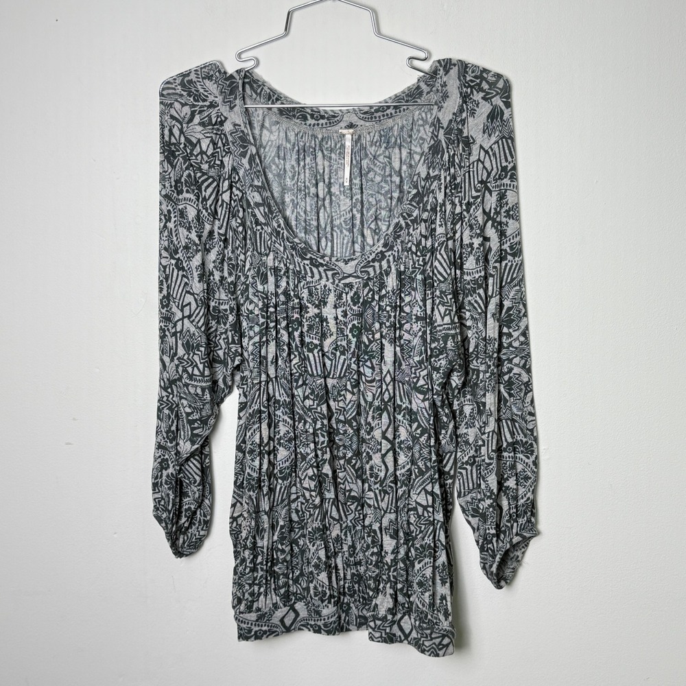 Free People Blouse Tribal Print Grey Sleeve Women M 3/4 sleeve - Picture 2 of 8